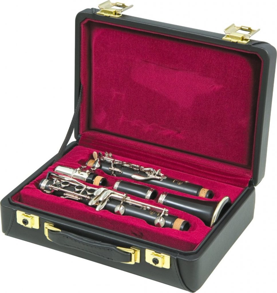 Clarinet profesional cu carcasă din lemn acoperită cu Naugahyde Deluxe cu interior de pluș